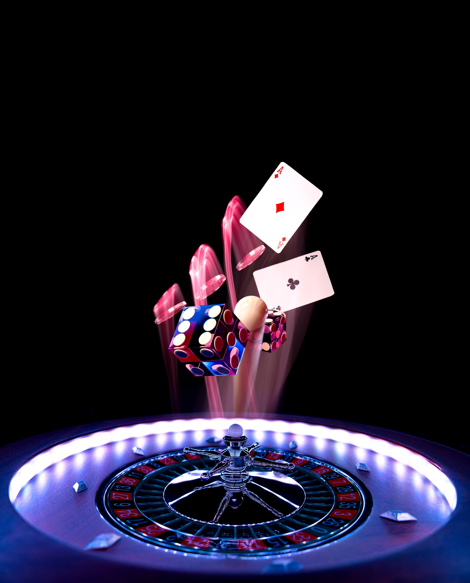 Casino set with Roulette, cards, dice and chips
